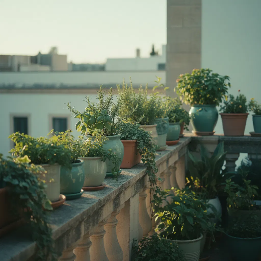 A neatly arranged balcony growing space with assorted containers and lush trailing plants in muted light