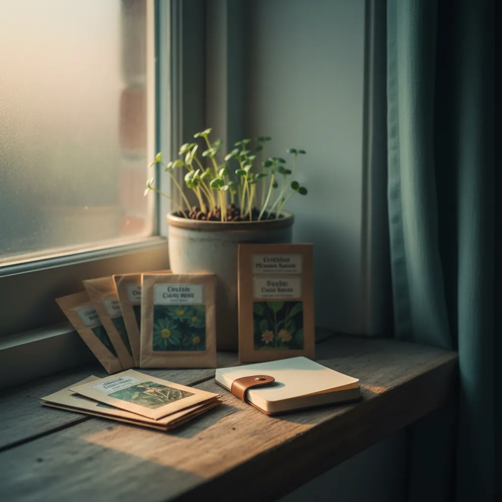 Seed packets and a small notebook resting beside a container of sprouting seedlings in soft daylight