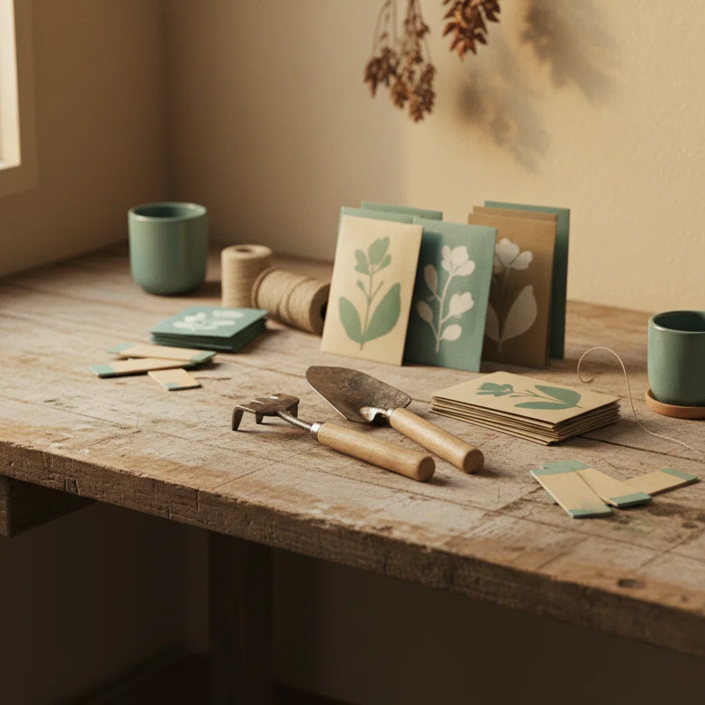 Carefully arranged gardening tools and seed packets on a wooden surface in warm diffused light
