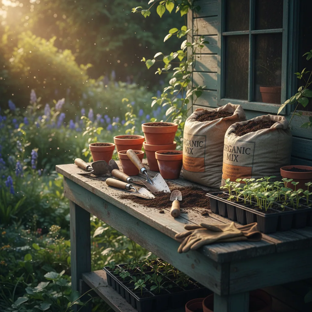 A well-used potting bench with trowels, compost and seedling trays in cool morning light