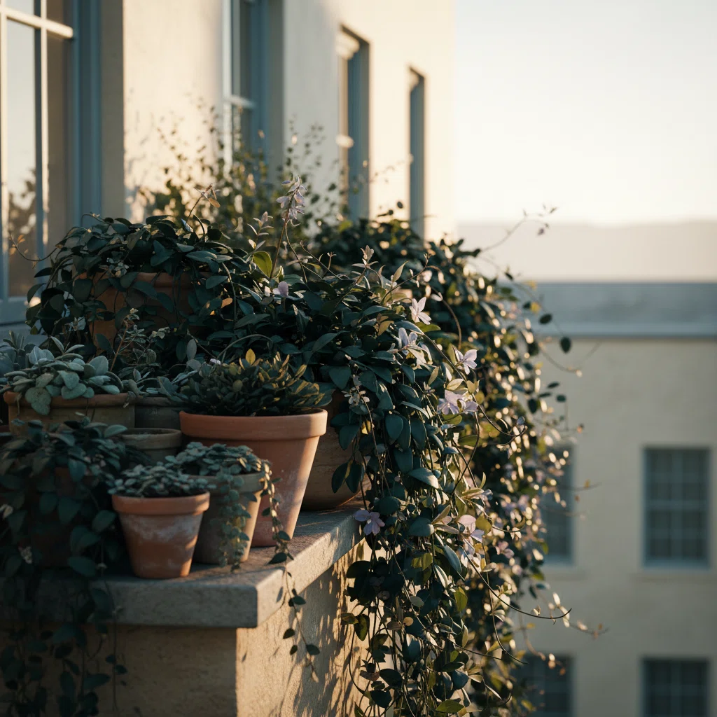 A compact terrace garden with a mix of pots and climbing plants in warm morning light