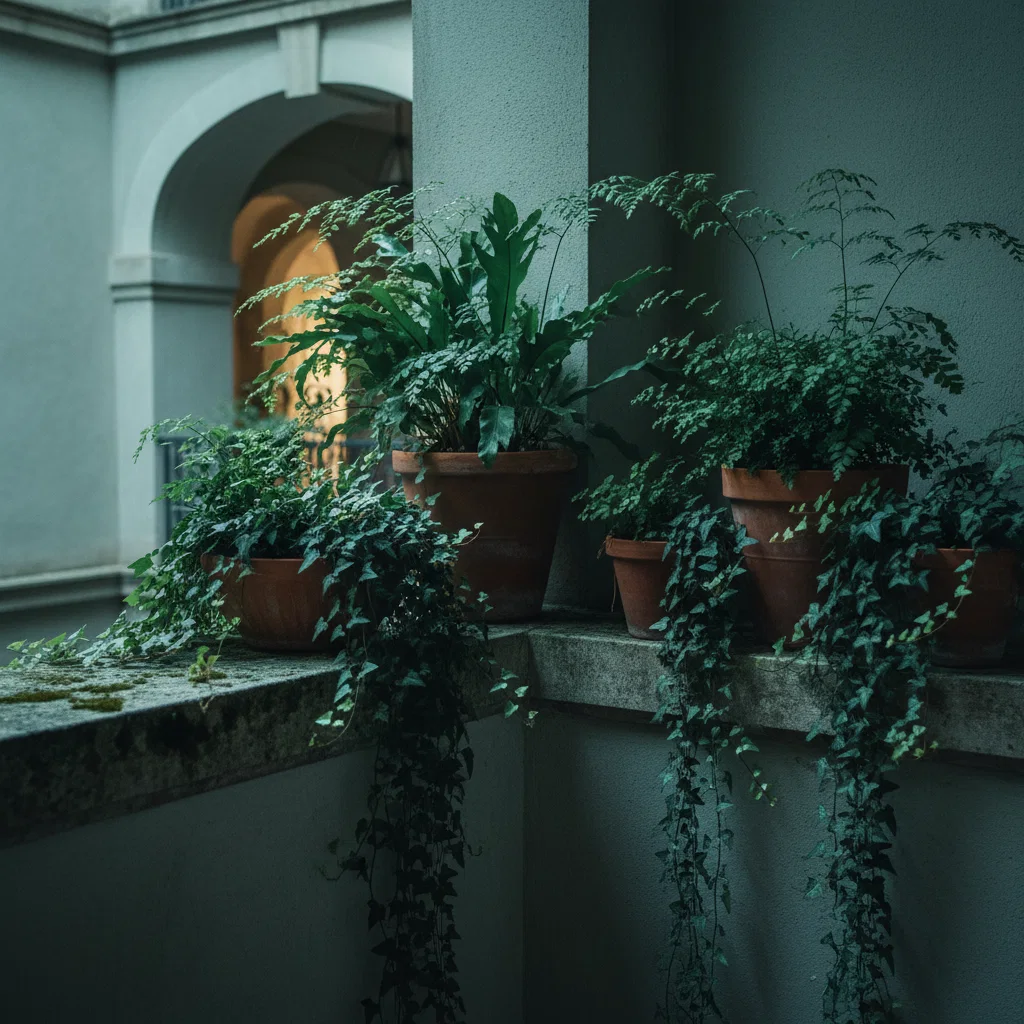 Shaded balcony corner with shade-tolerant ferns and trailing ivy in terracotta pots on a stone ledge