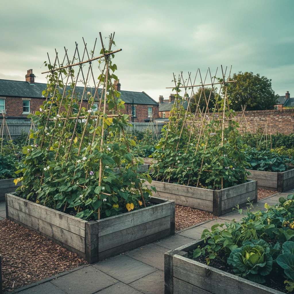 A community garden plot in a northern English city with raised beds and climbing frames in soft light