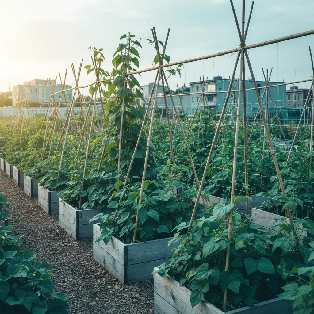 Rows of raised growing beds inside a community urban garden with climbing bean frames and taut plant supports