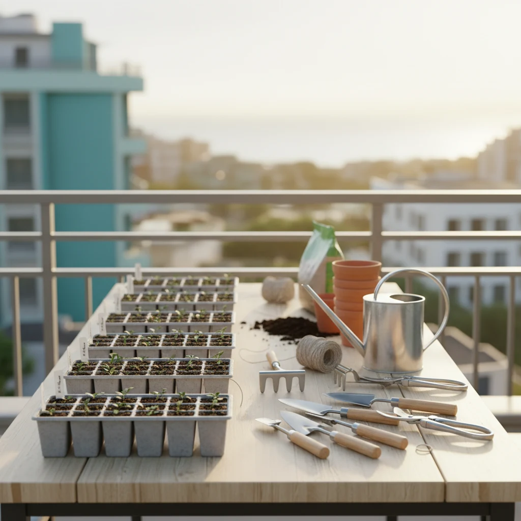 Organised balcony with labelled seedling trays and gardening tools arranged in preparation for planting