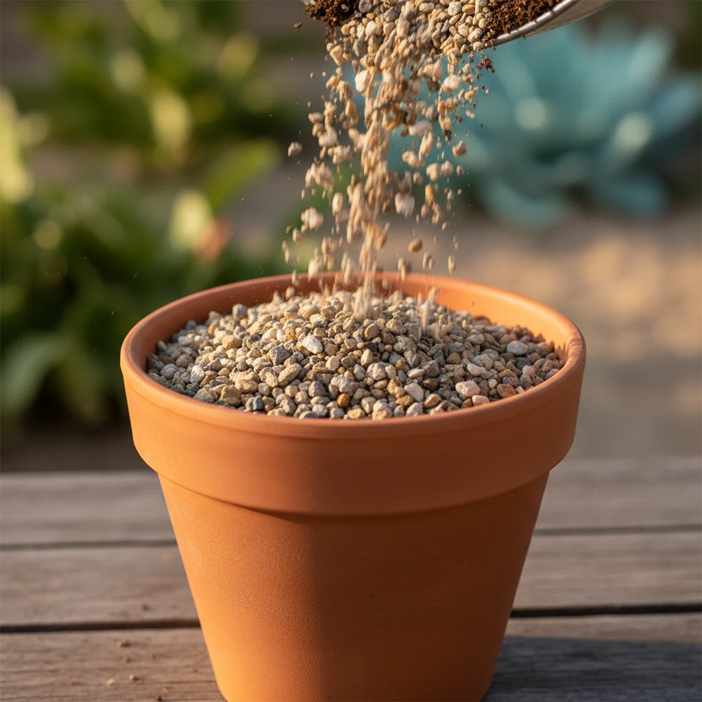 Close-up of horticultural grit being added to the base of a clean terracotta pot before fresh compost is filled in