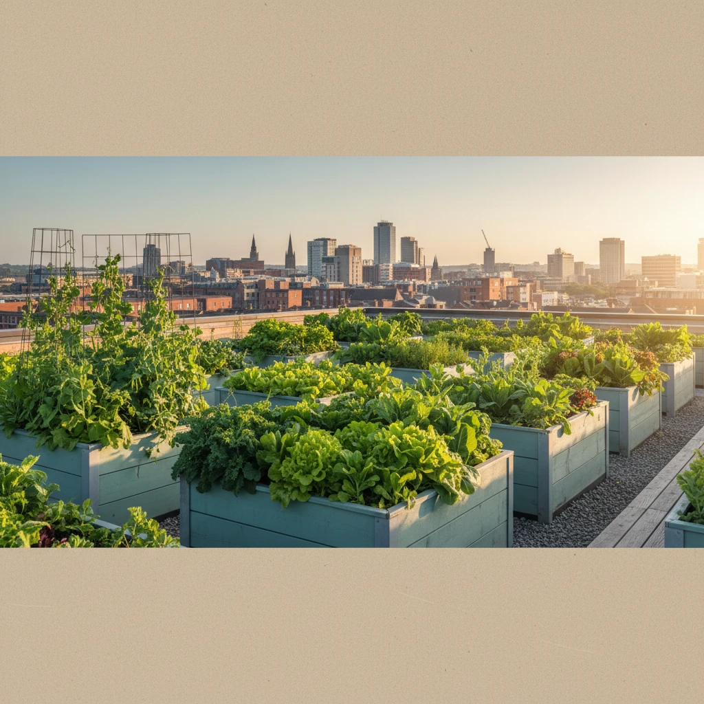 Raised beds on a city rooftop bathed in late afternoon golden light with deep-green foliage