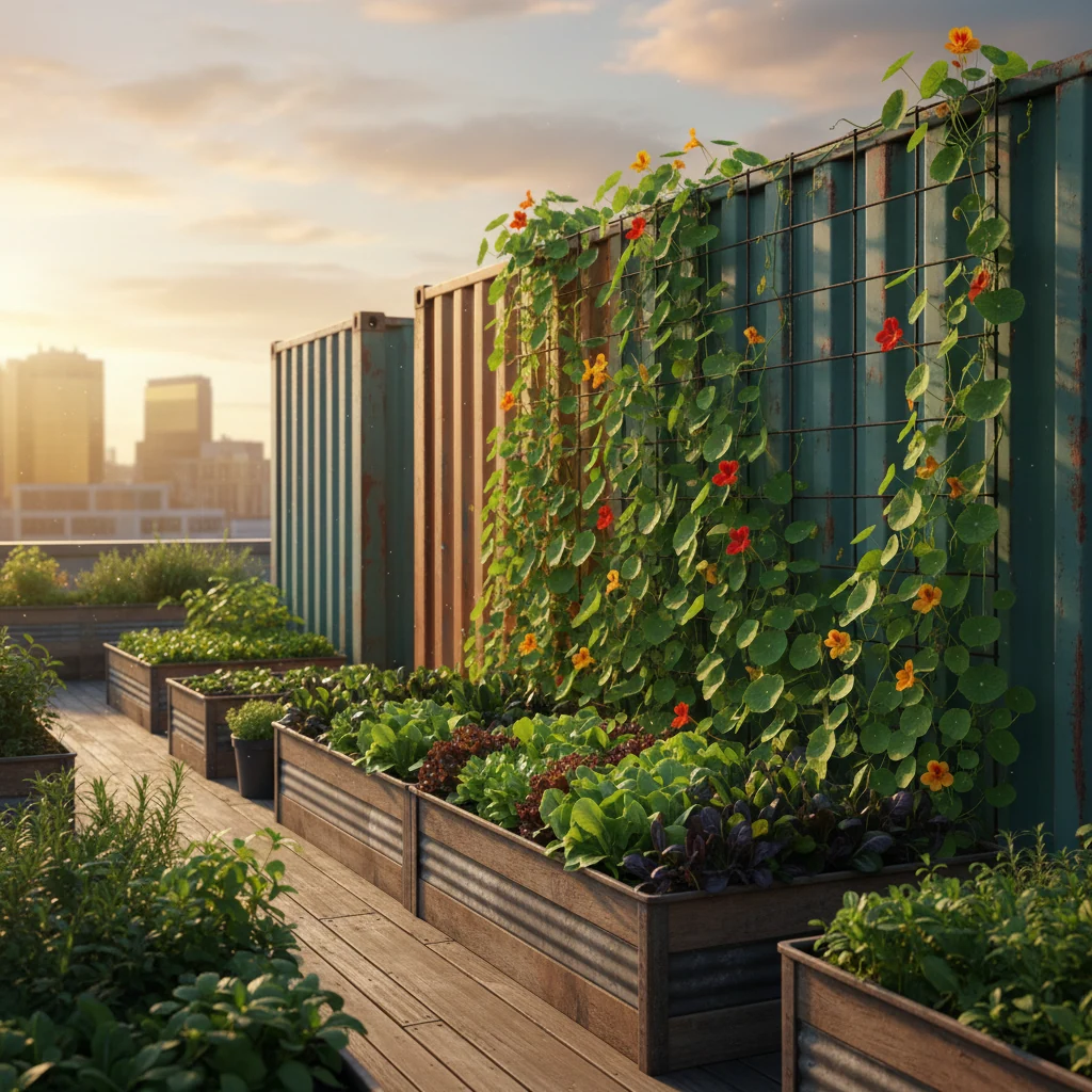 Rooftop container garden in full summer growth with climbing nasturtiums on wire frames and dense salad leaf troughs