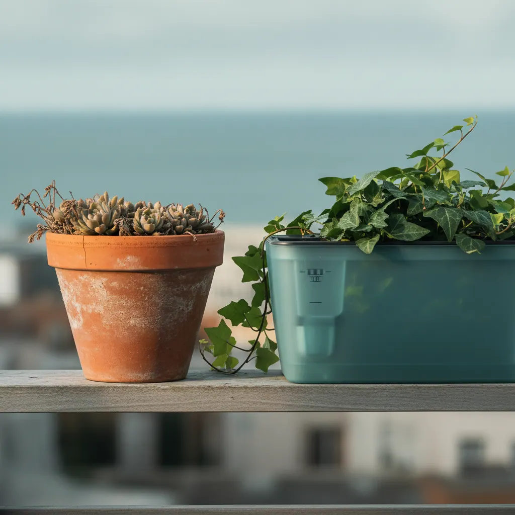 Two different pot styles placed side by side on a balcony railing in muted afternoon light