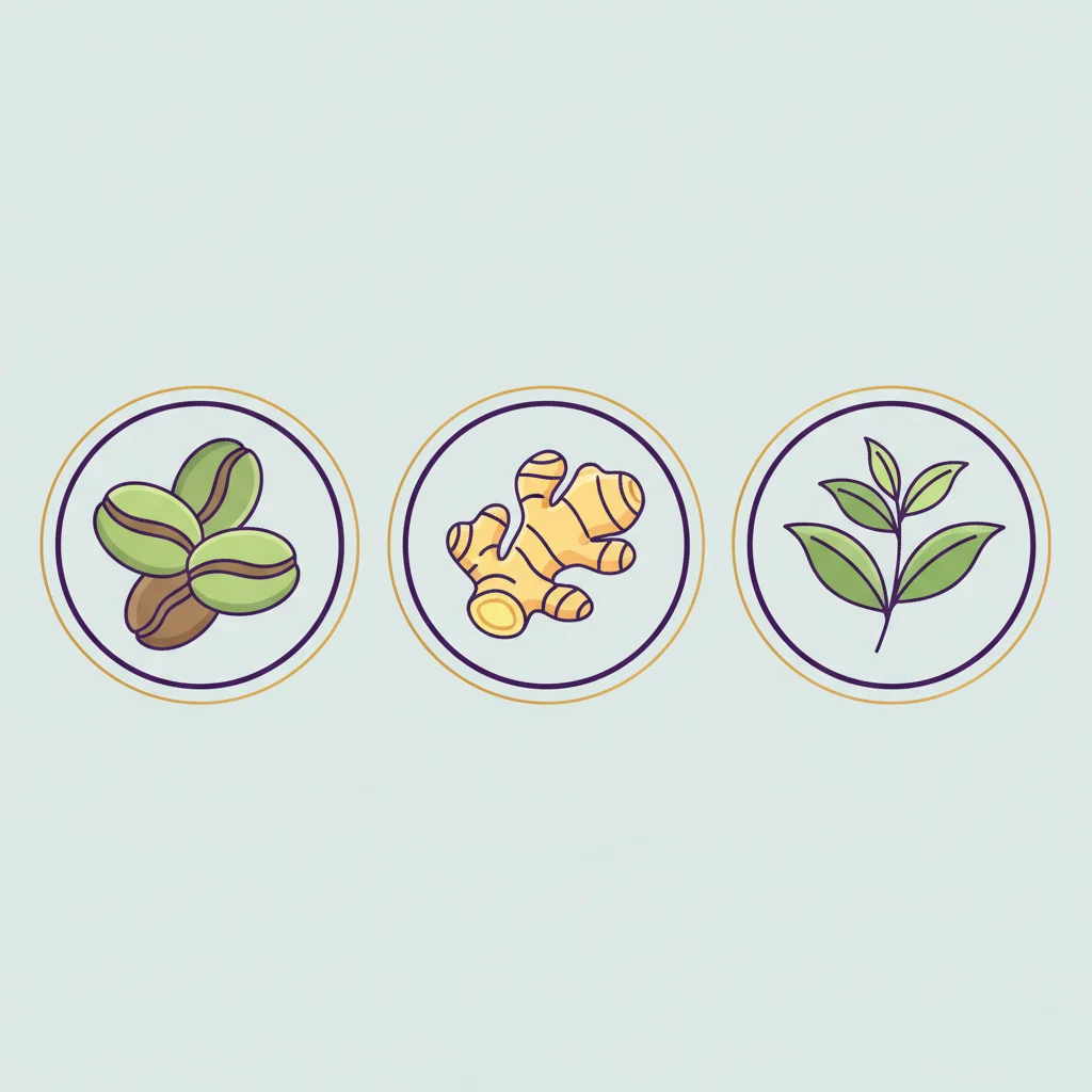 Three botanical ingredient spotlight icons illustrating green coffee beans, ginger root and green tea leaves - ingredient roles in a metabolism support supplement