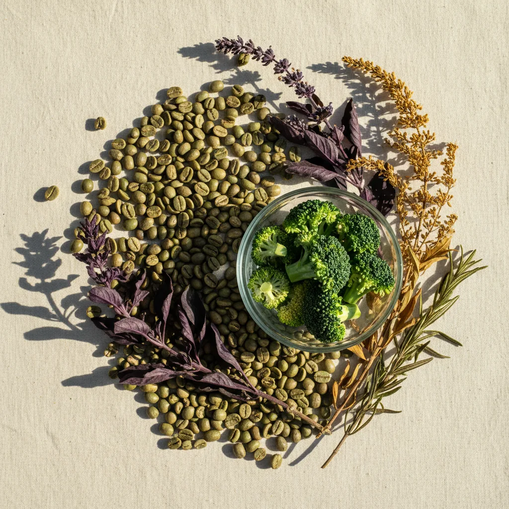 Green coffee beans, broccoli florets and dried botanical herb sprigs on cream linen - key ingredients in a plant-based metabolism support supplement